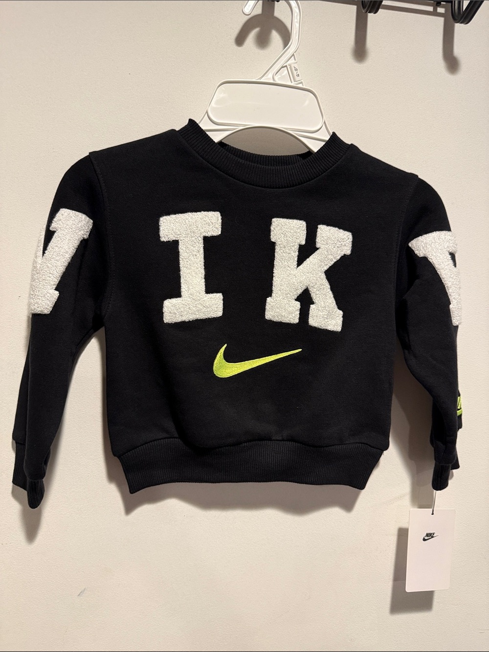 Nike Black Kids Sweatshirt with White Chenille Letters and Neon Yellow Swoosh